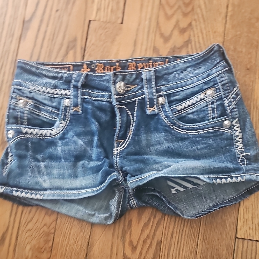 Rock Revival Distressed Dark Blue Denim Shortie with White Stitching